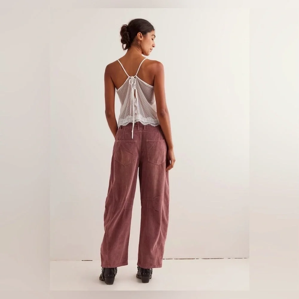 NWT. Free People Good Luck Mid-Rise Cord Barrel Jeans. Withered Rose 25, 26 - Picture 3 of 6